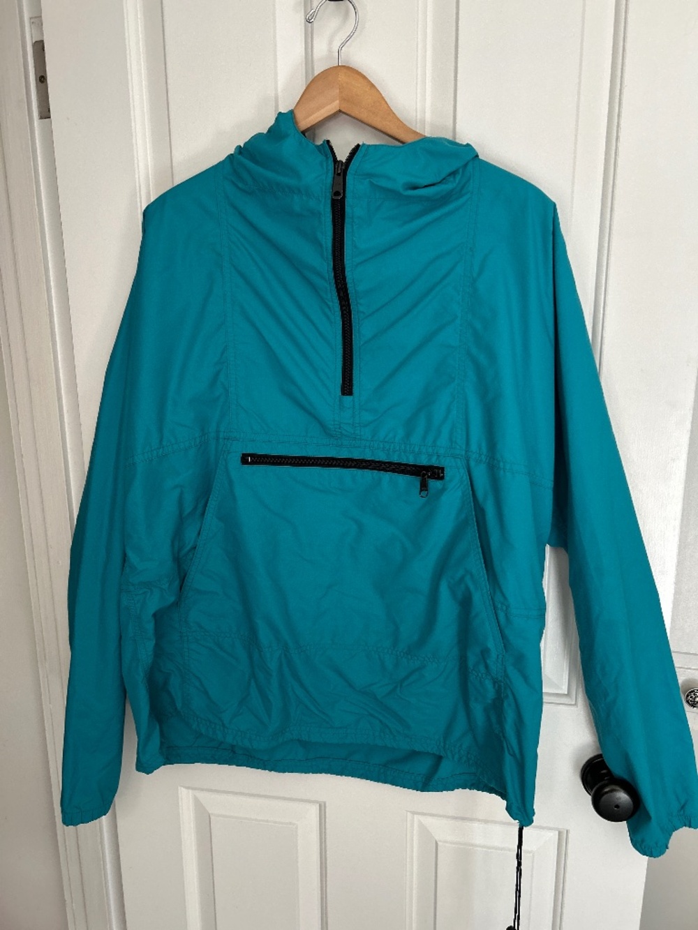 Vintage LL Bean Anorak Windbreaker 1/4 Zip Hooded Jacket Mens Aqua Teal